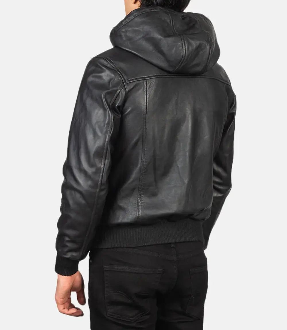 Men's Black Hooded Bomber Leather Jacket