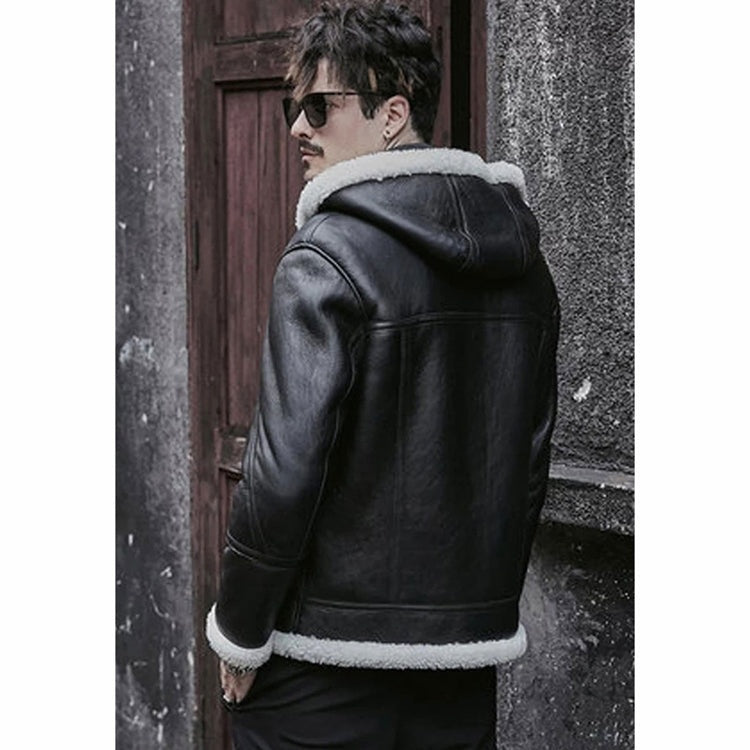 Men's Black Hooded Fur Leather jacket Double Sided