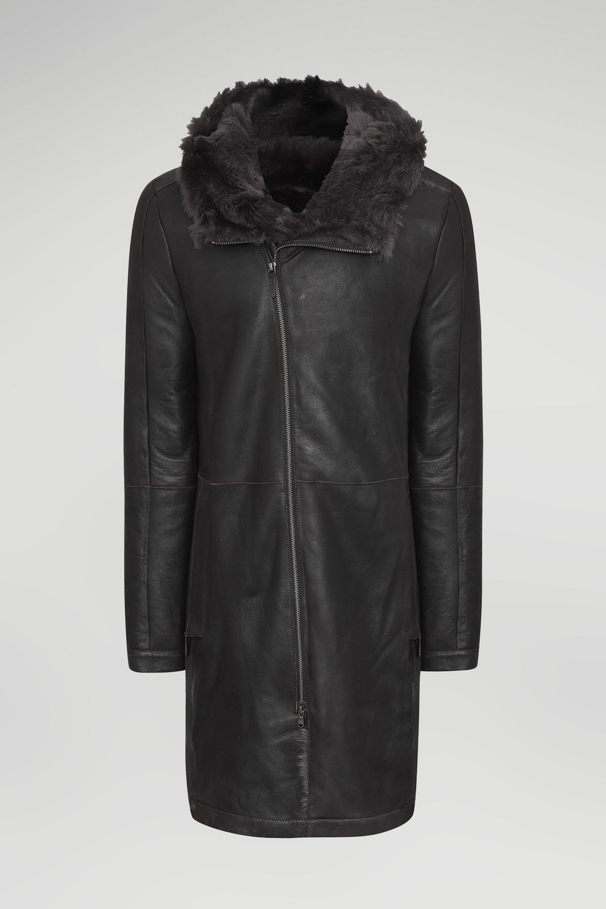 Men's Black Hooded Shearling Leather Coat