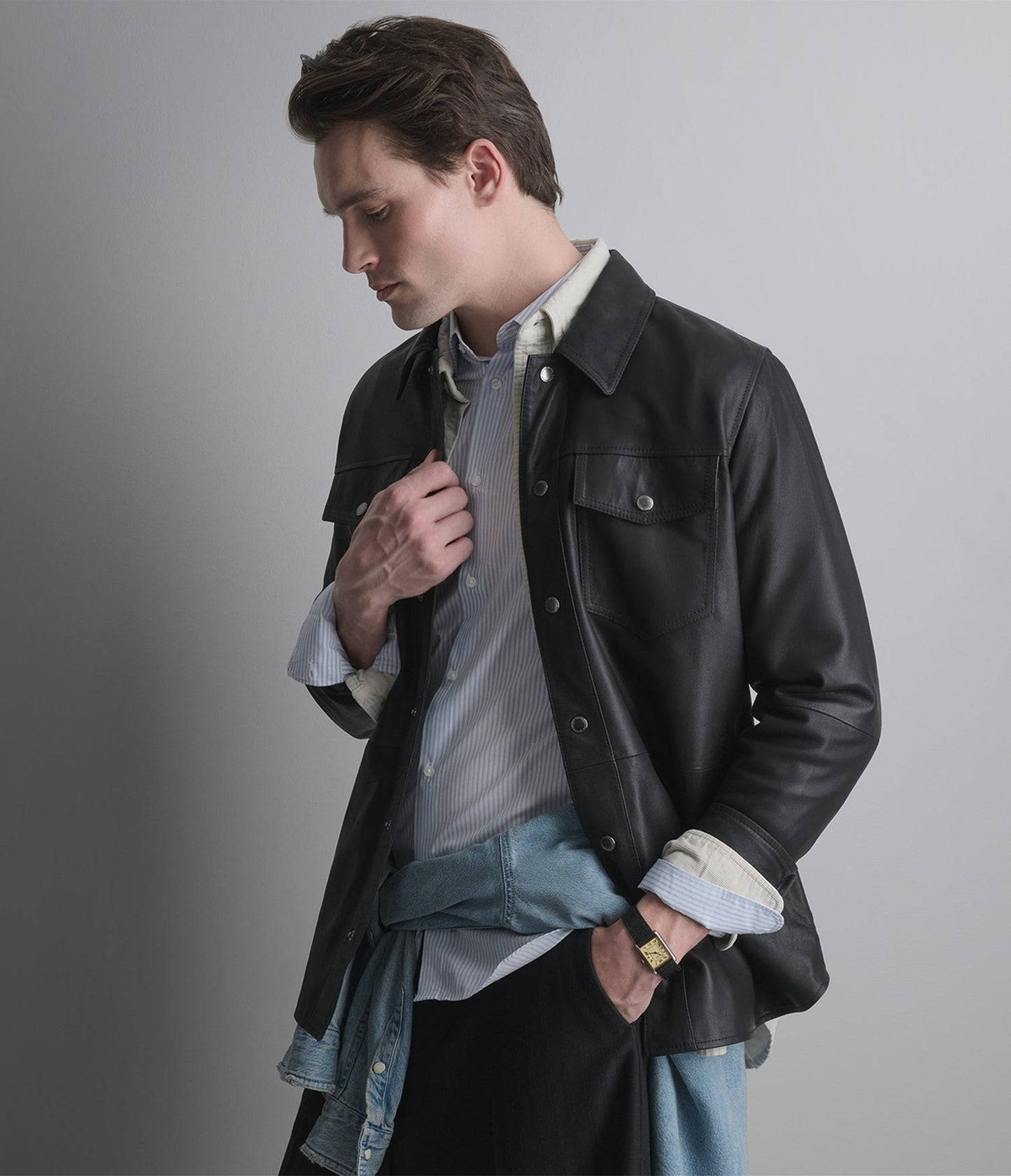 Men's Black Lambskin Leather Shirt - Arcane Fox