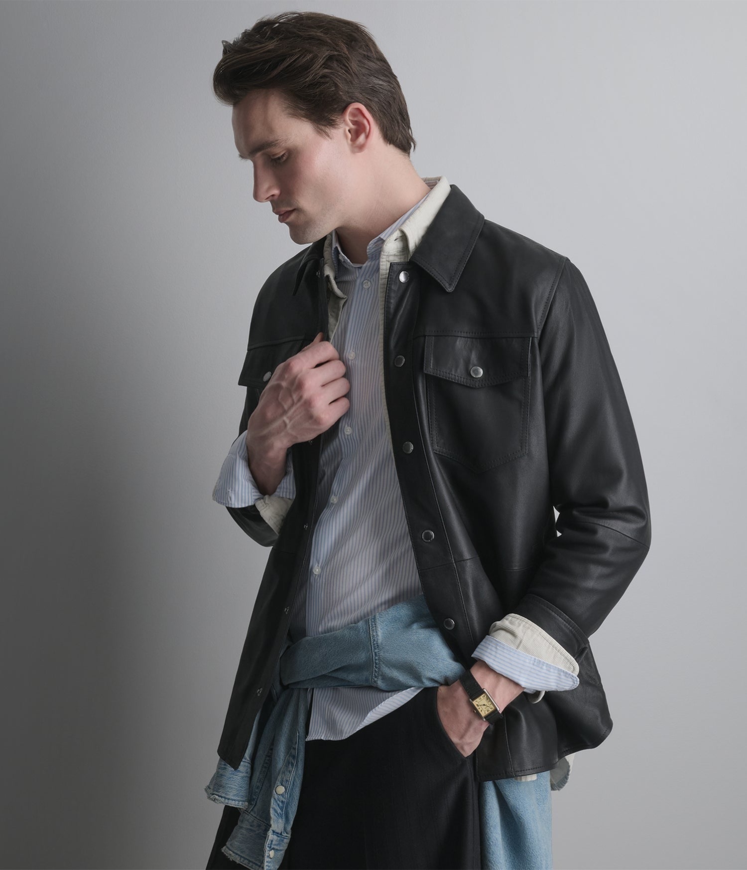 Men's Black Lambskin Leather Shirt - Arcane Fox