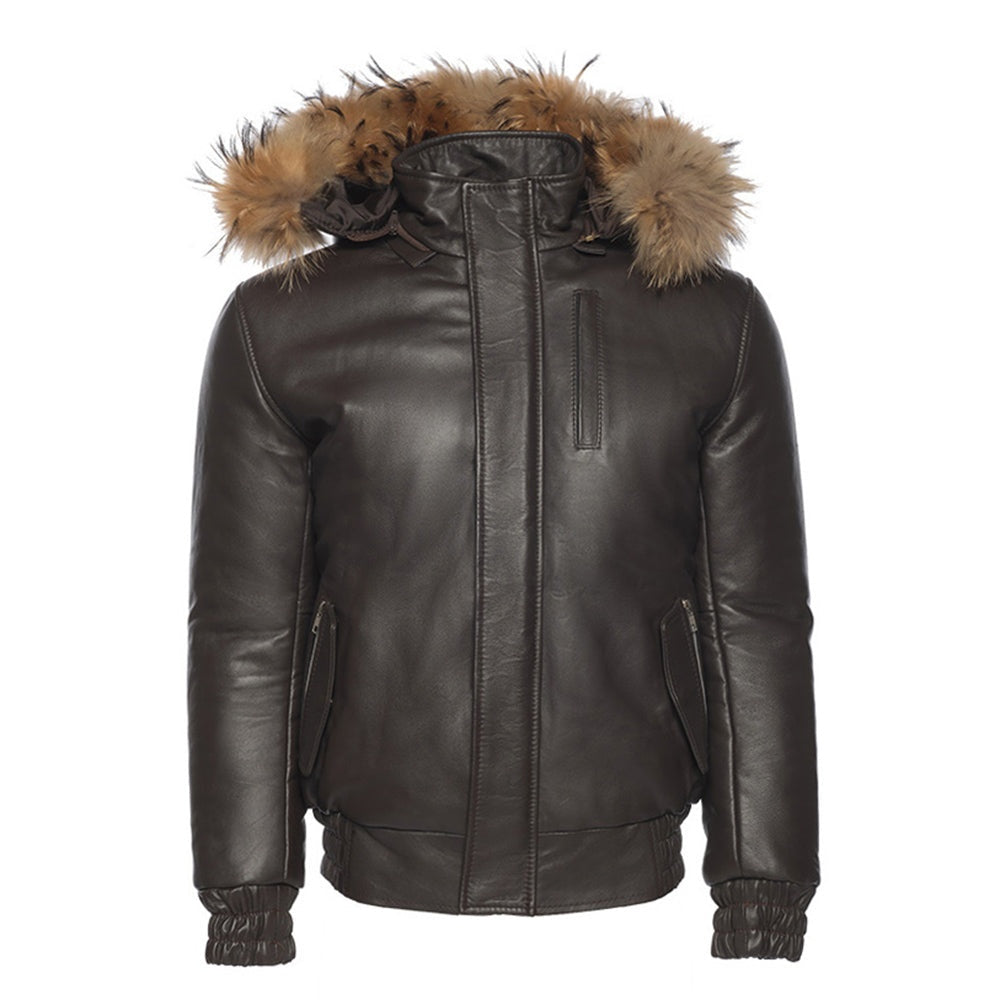 Men's Black Parka Hooded Leather Jacket