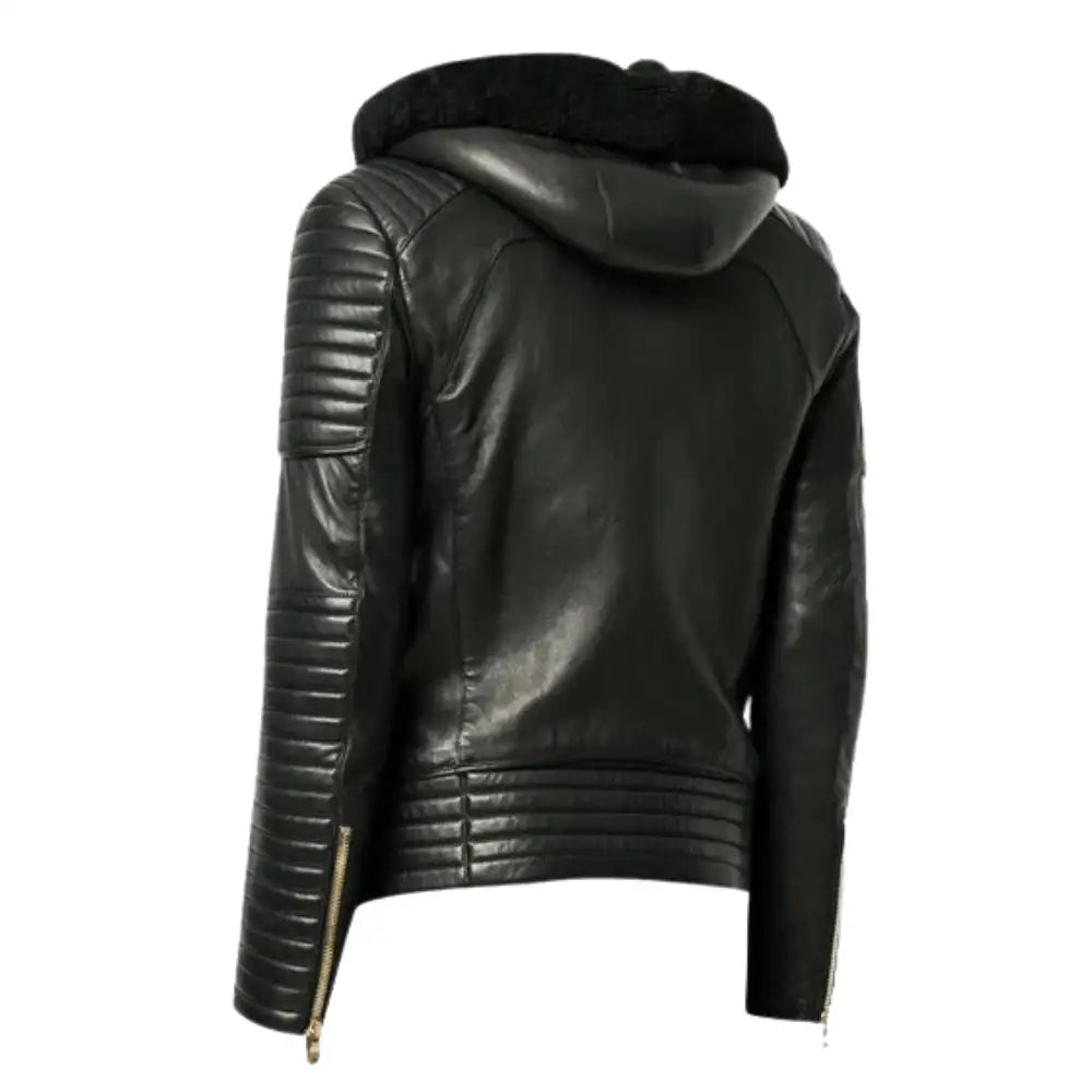 Men's Black Shearling Hooded Leather Jacket