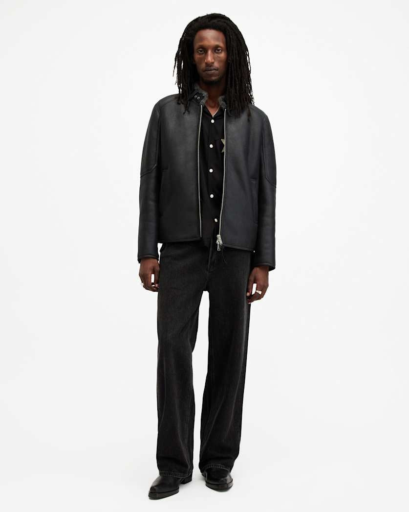 Men's Black Shearling Leather Jacket - Arcane Fox