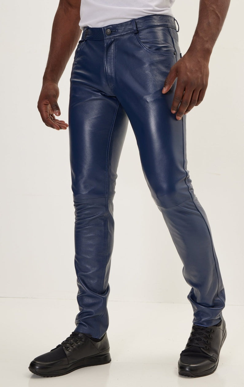 Men's Blue Biker Leather Pant