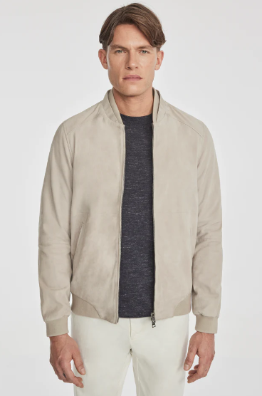 Men's Bomber Suede Leather Jacket In Off White