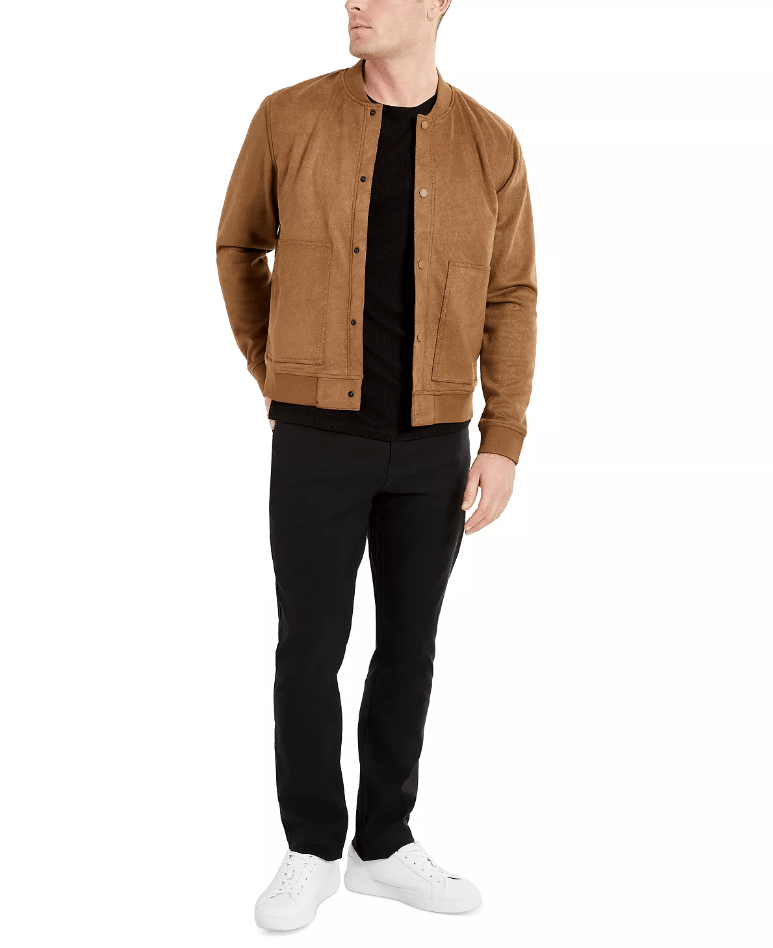 Men's Bomber Suede Leather Jacket In Tan Brown