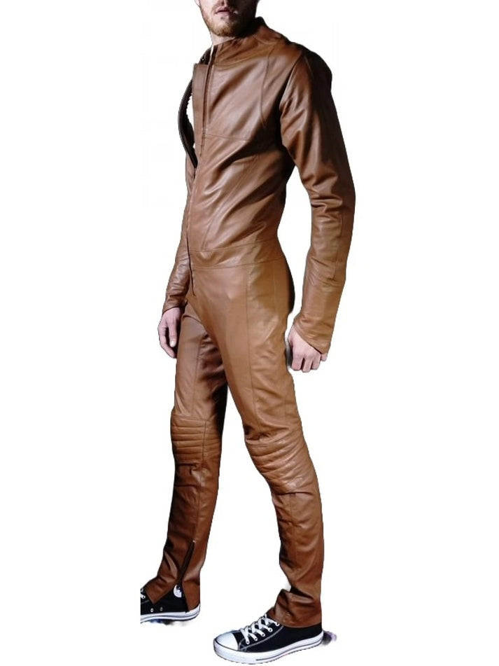 Men's Brown Bodycon Leather Jumpsuit