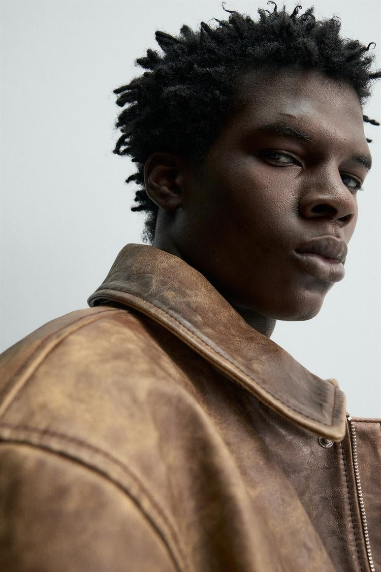 Men's Brown Bomber Distressed Leather Jacket