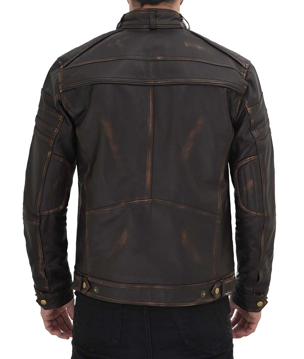 Men's Cafe Racer Distressed Leather Jacket In Coffee Brown