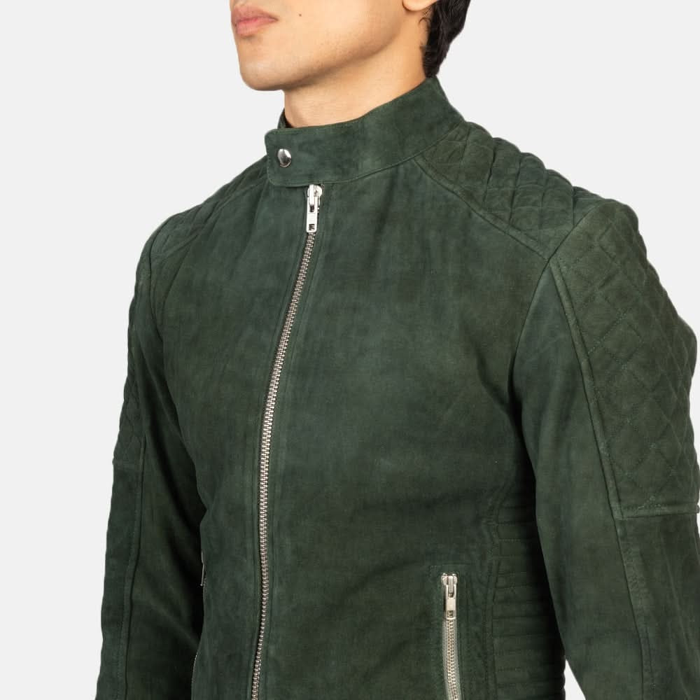 Men's Cafe Racer Suede Green Leather Jacket