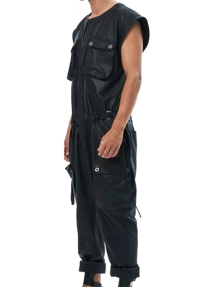 Men's Cargo Style Black Leather Jumpsuit