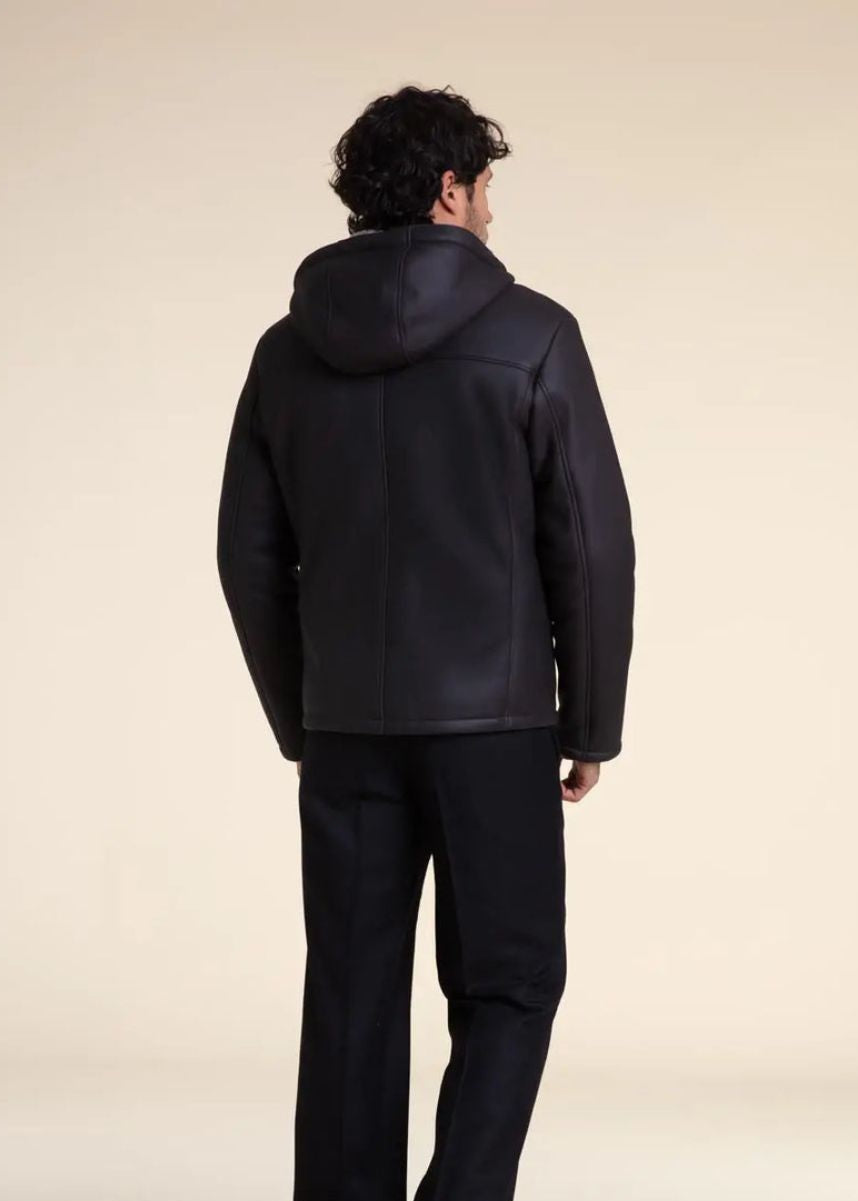 Men's Classic Black Shearling Hooded Leather Jacket