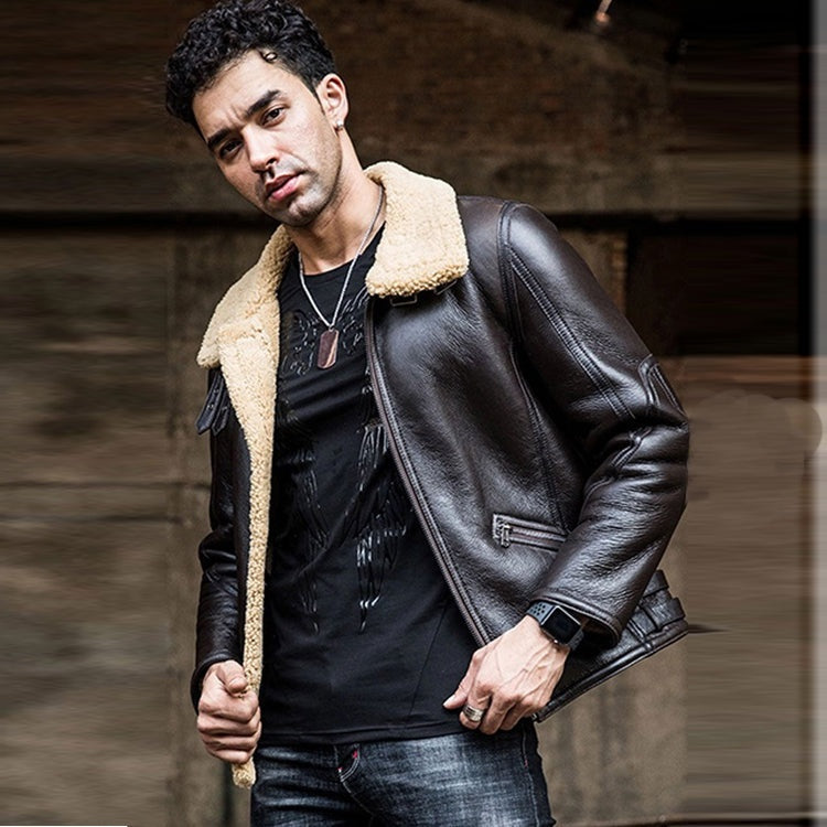 Men's Coffee Brown Aviator Fur Leather Jacket With Straped Collar