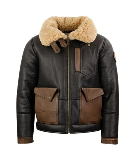 Men's Coffee Brown Fur Aviator Leather Jacket