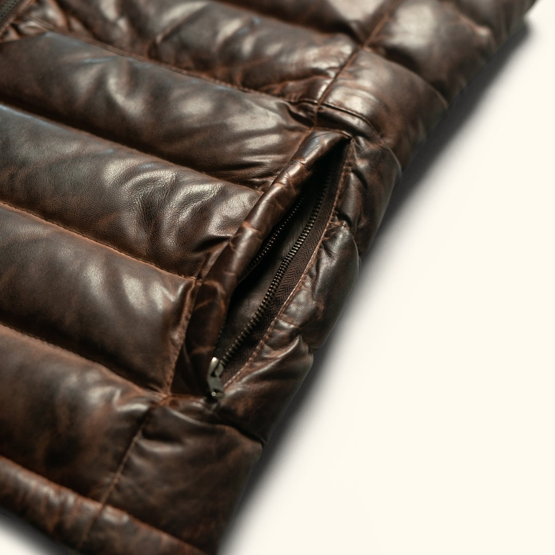 Men's Coffee Brown Puffer Leather Vest