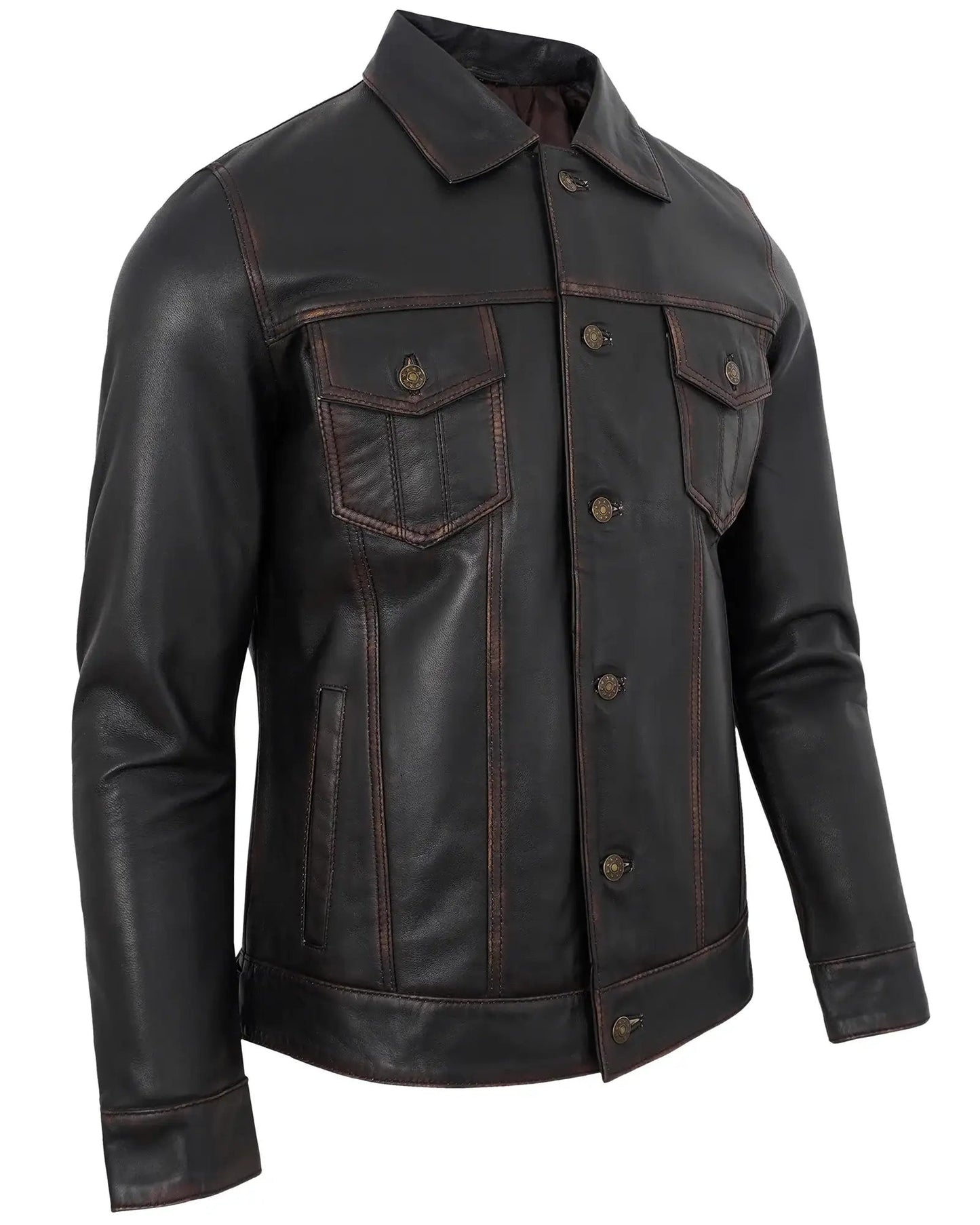 Men's Coffee Brown Trucker Distressed Leather Jacket