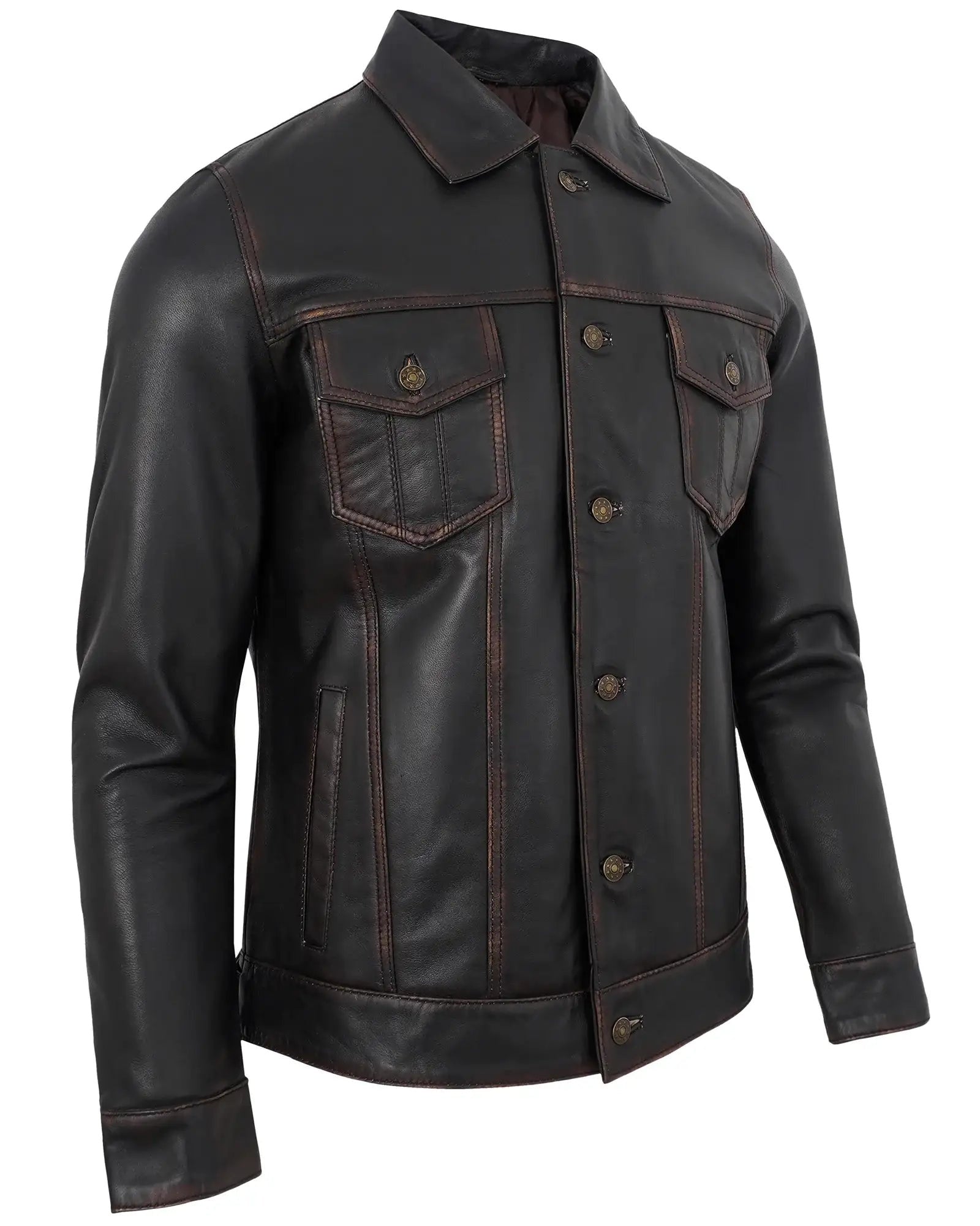 Men's Coffee Brown Trucker Distressed Leather Jacket