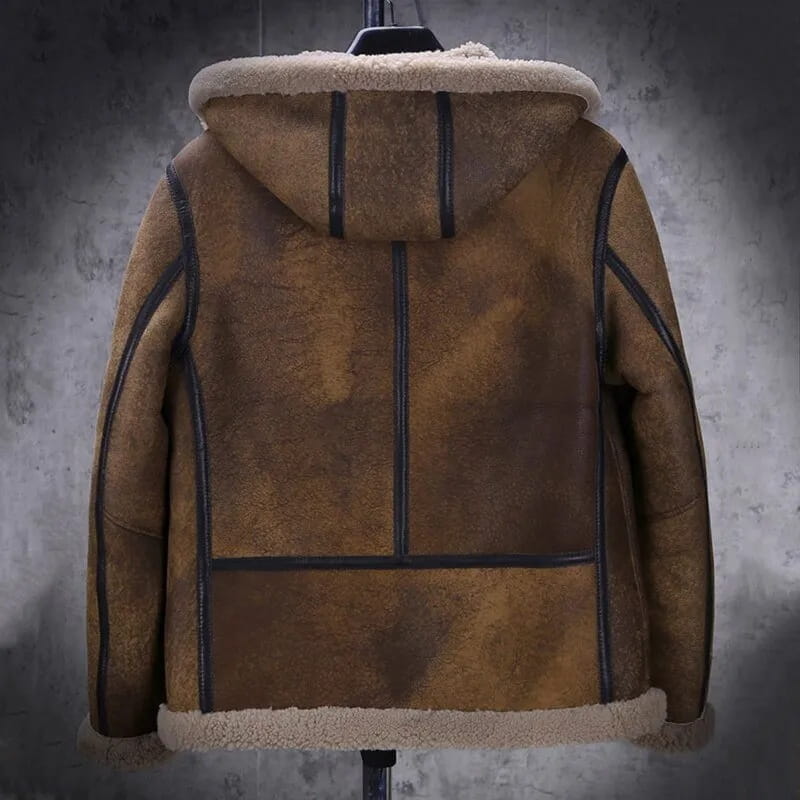 Men's Dark Brown B3 Sheepskin Distressed Leather Jacket With Hood - Arcane Fox