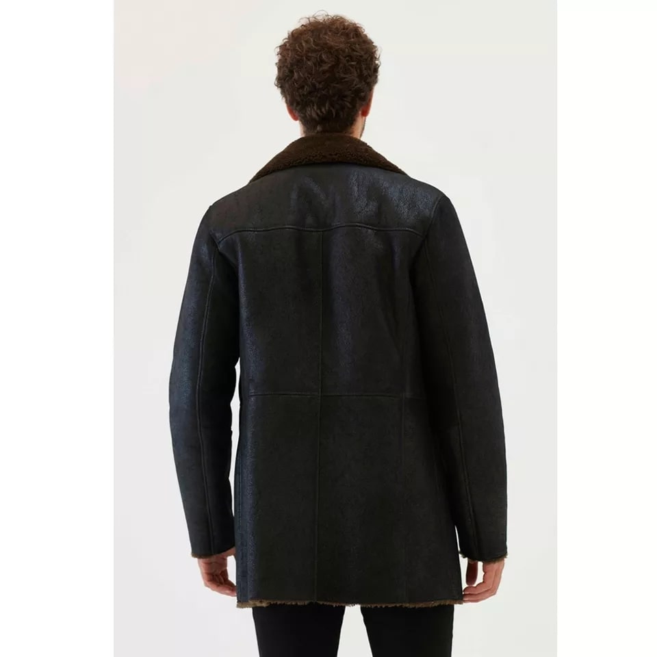Men's Dark Brown Fur Shearling Coat In Black