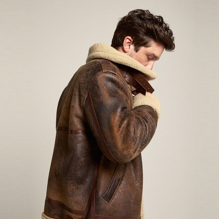 Men's Dark Brown Shearling Distressed B7 Leather Jacket