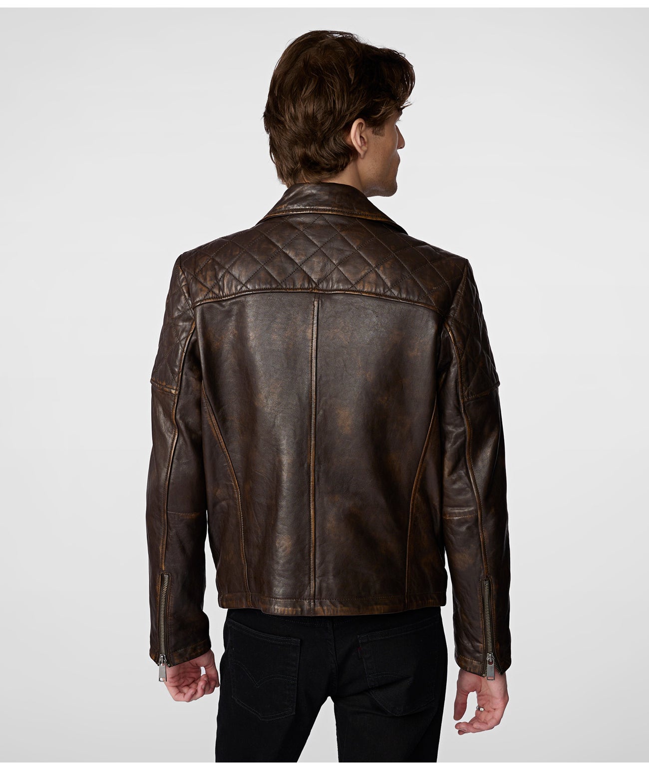 Men's Distressed Biker Leather Jacket In Dark Brown