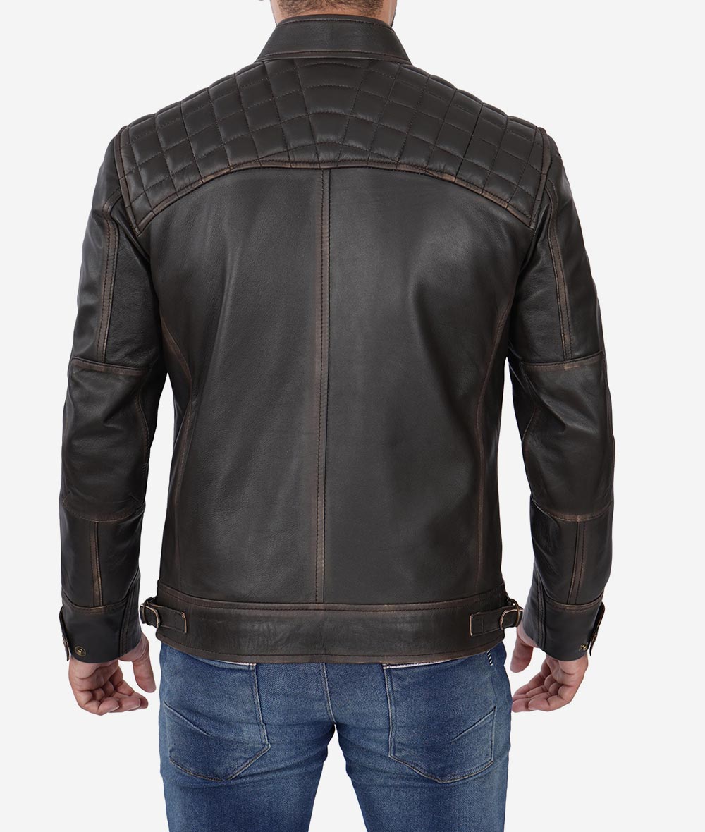 Men's Distressed Cafe Racer Leather Jacket In Black