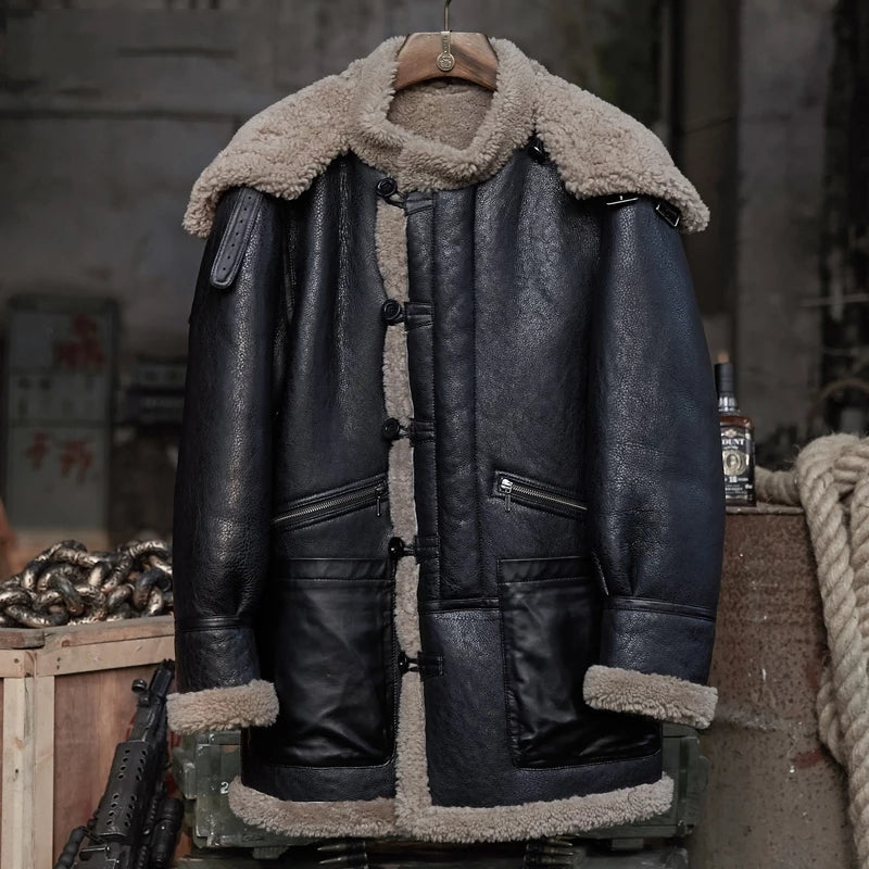 Men's B7 Gray Fur Shearling Leather Coat In Black With Removable Hood