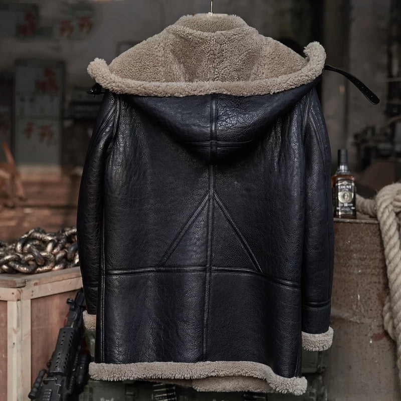 Men's B7 Gray Fur Shearling  Coat In Black With Removable Hood