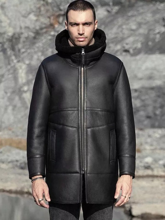 Men's Double Sided Shearling Leather Coat In Black With Hood