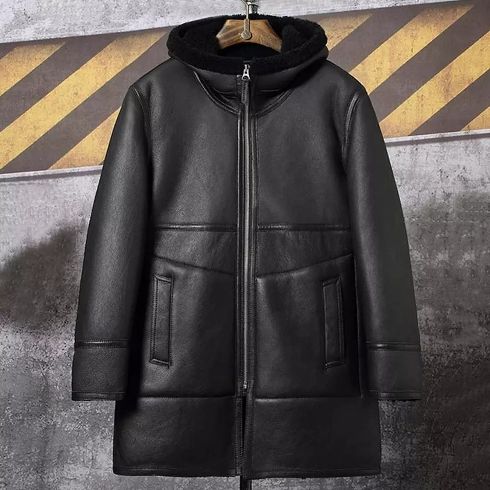 Men's Shearling Coat In Black With Hood