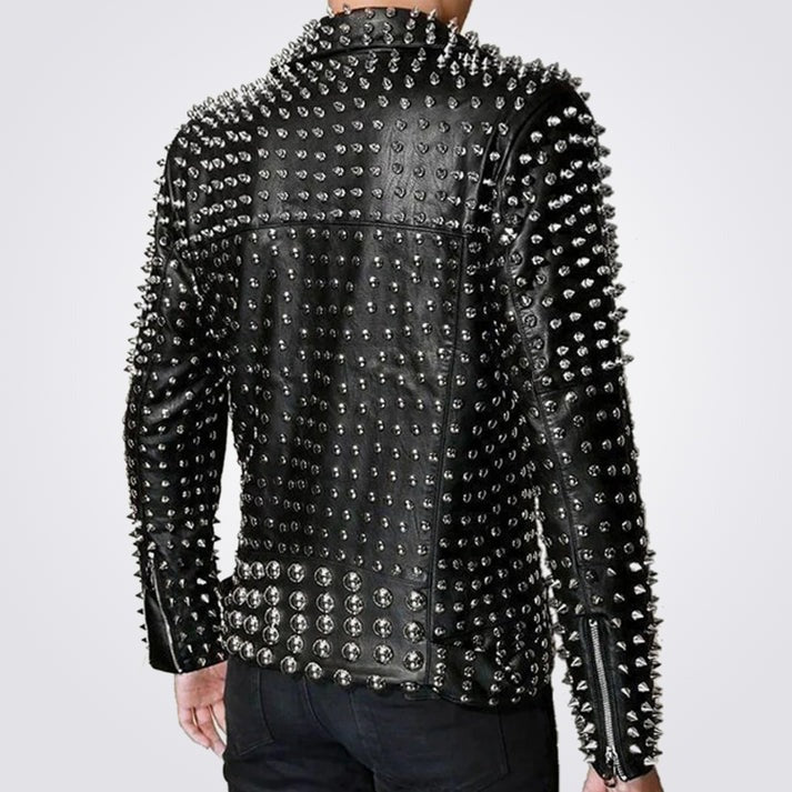Men's Fully Studded Black Leather Jacket With Belt