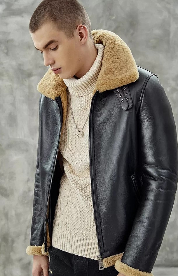 Men's Fur B3 Bomber Black Leather Jacket