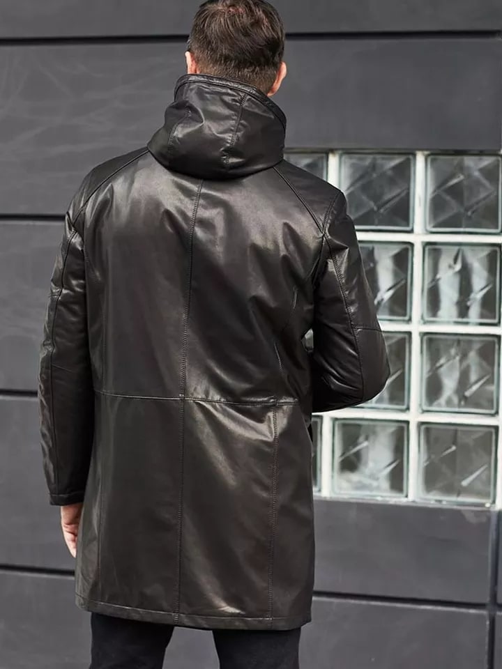 Men's Fur Sheepskin Leather Coat In Black With Hood