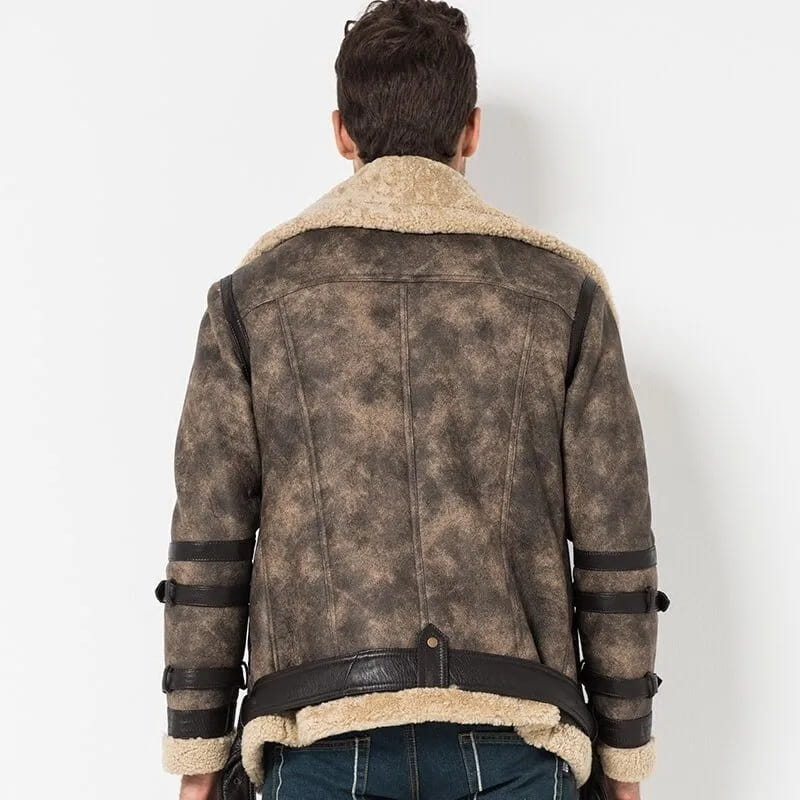 Men's Gray B3 Shearling Distressed Leather Jackets With Oversized Collar - Arcane Fox