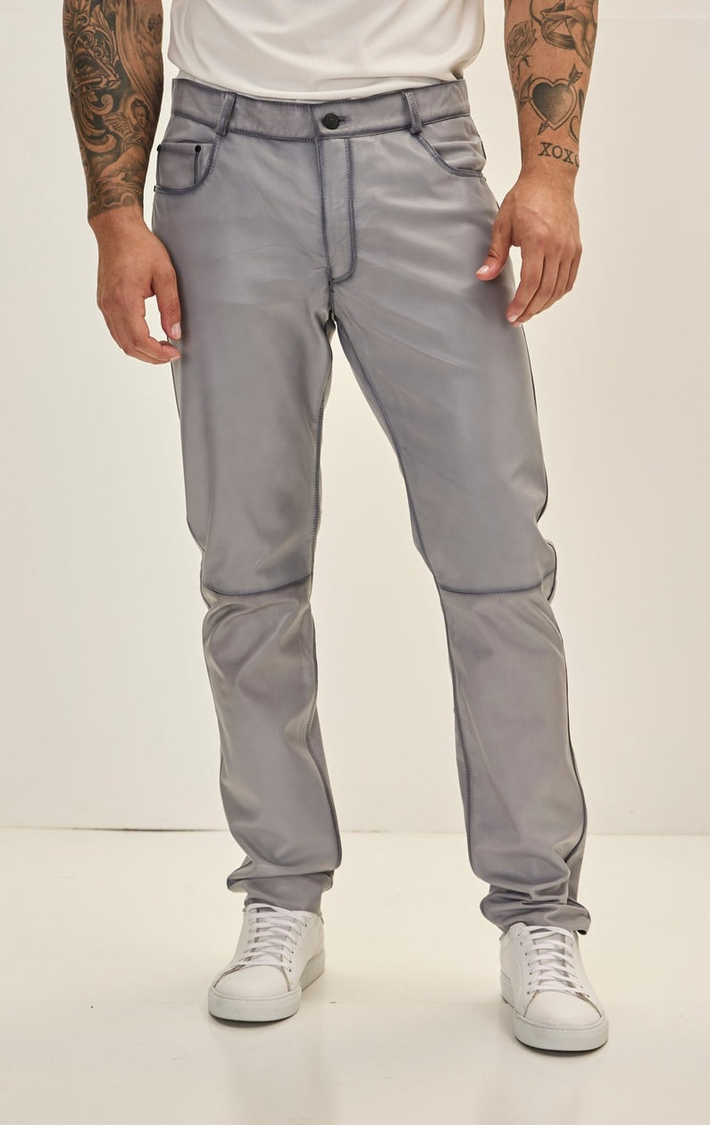Men's Gray Biker Leather Pant