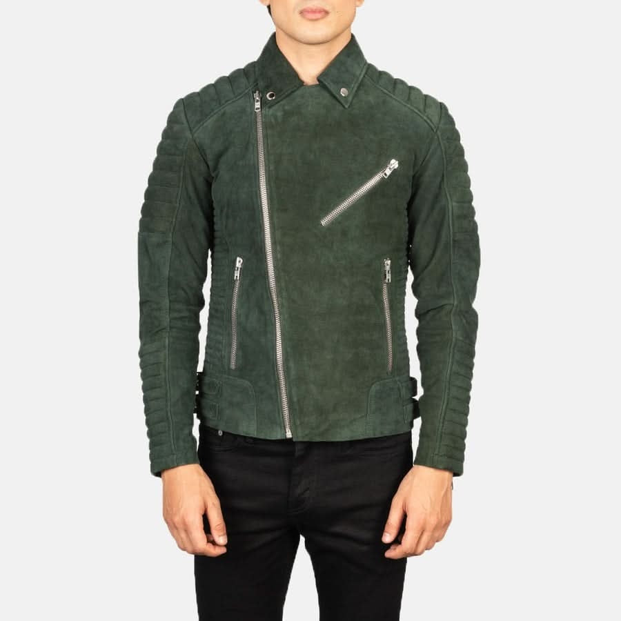 Men's Green Biker Suede Leather Jacket