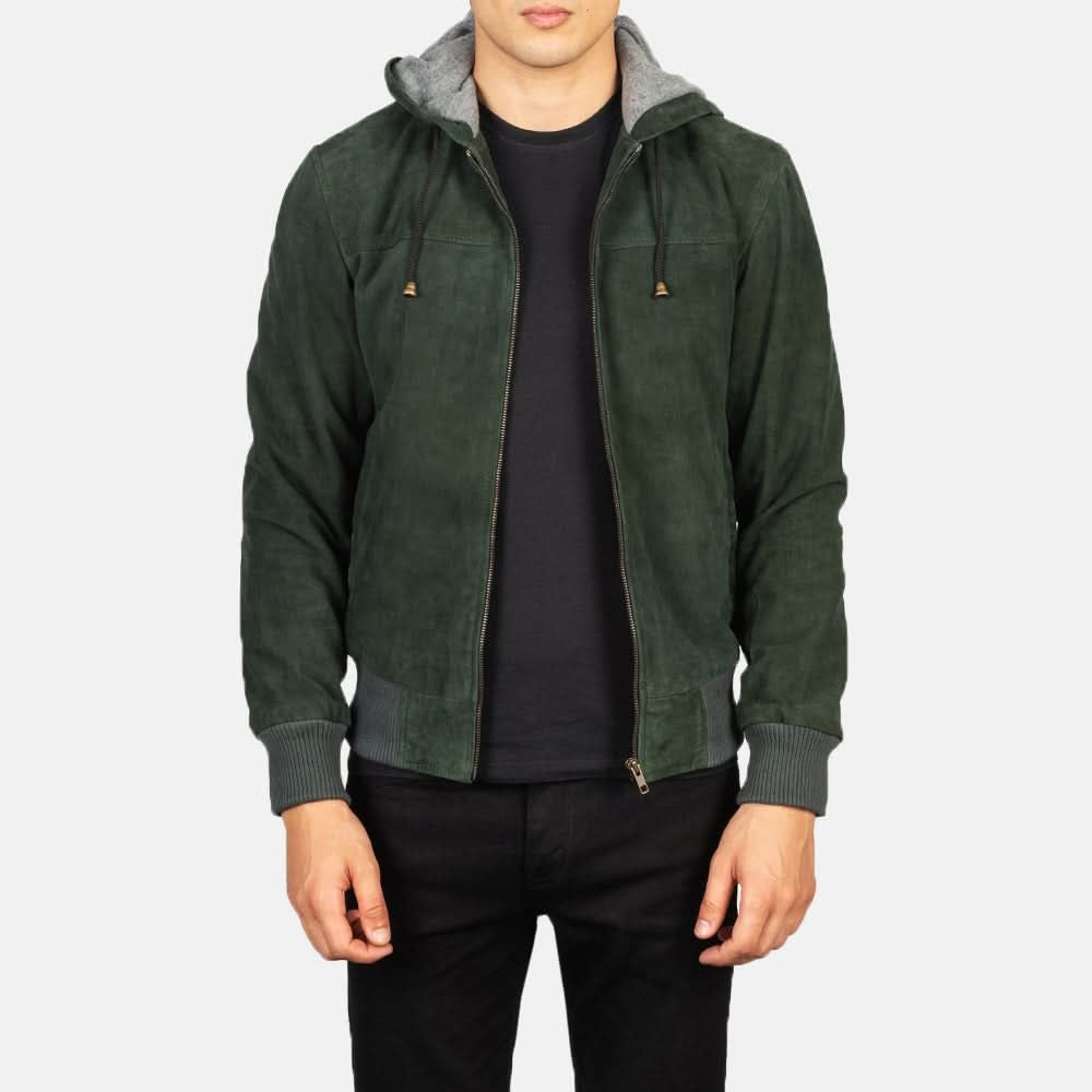 Men's Green Suede Hooded Leather Jacket