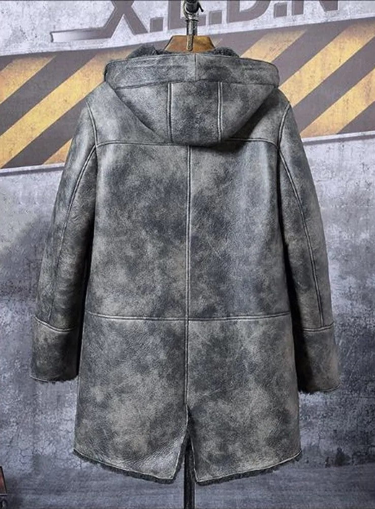 Men's Hooded Shearling Distressed Leather Coat In Gray - Arcane Fox