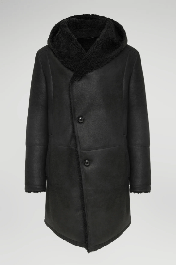 Men's Hooded Shearling Leather Coat In Black