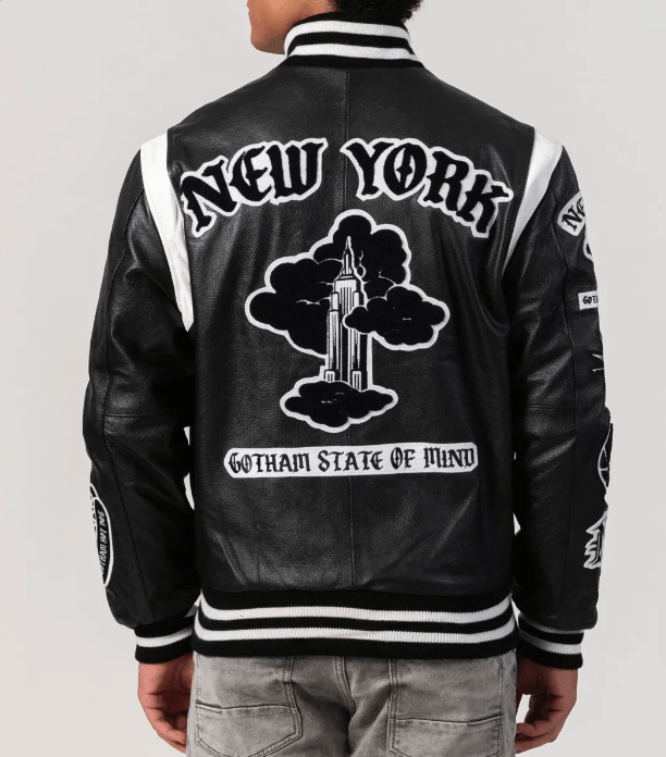 Men's Letterman Bomber Leather Jacket In Black