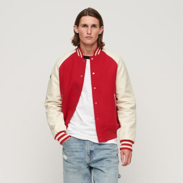 Men's Letterman Varsity Leather Jacket In Red & White Sleeves