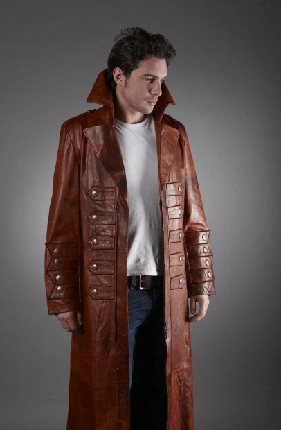 Men's Long Leather Coat In Dark Brown