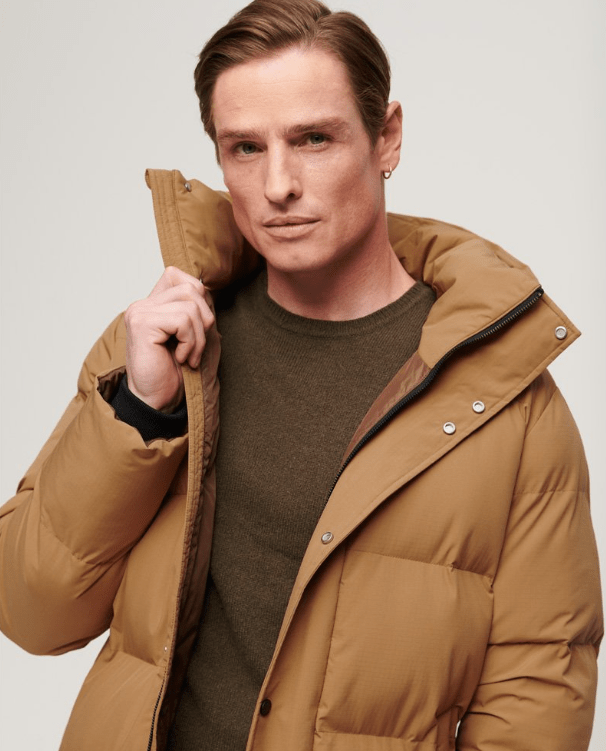 Men s Puffer Trench Coat In Brown With Removable Hood