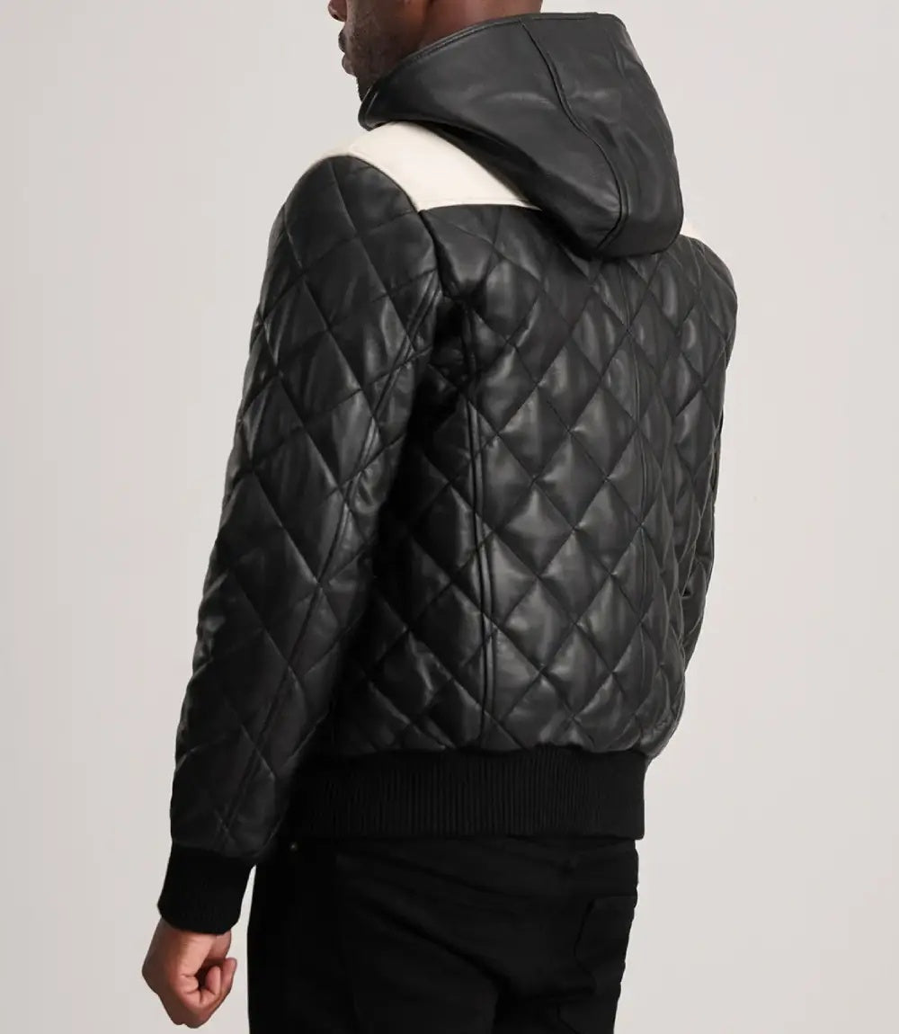 Men's Quilted Hooded Leather Jacket