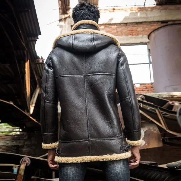 Arcane Fox - Men's Shearling B3 Parka Leather Jacket In Coffee Brown