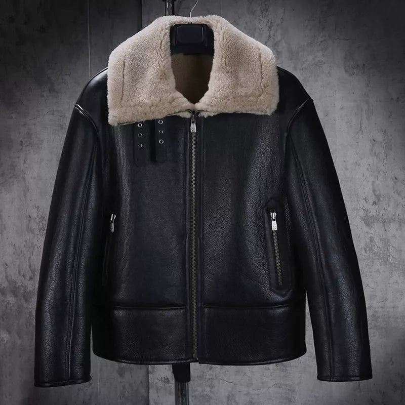 Men's Shearling Black leather jacket With Oversized Collar