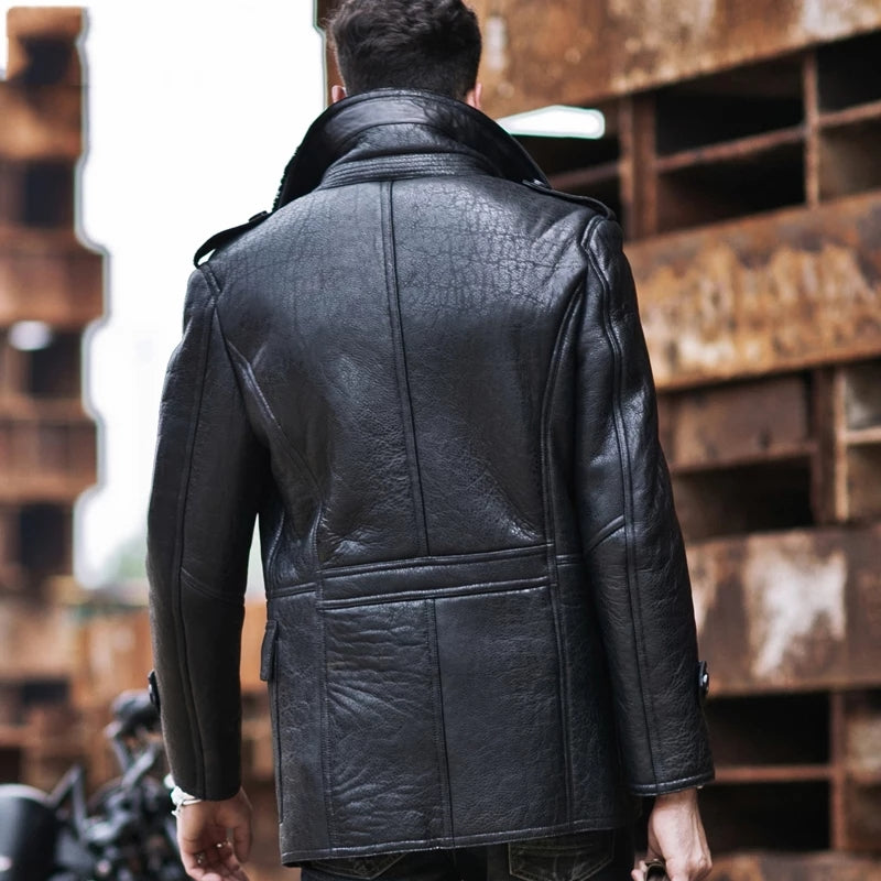 Men's Shearling Fur Leather Coat In Black