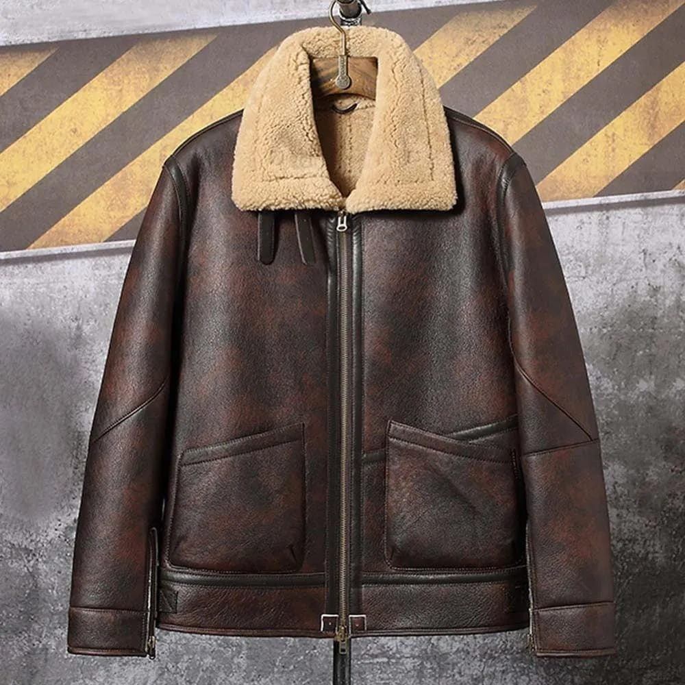 Men's Shearling Harrington Distressed Leather Jacket In Brown - Arcane Fox