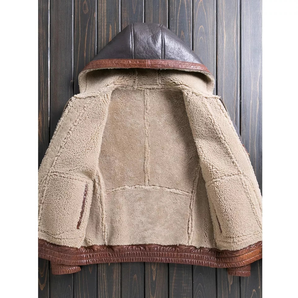 Men's Shearling Hooded Leather Jacket In Black